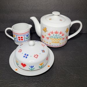 Shafford Japan Heirloom Sampler Patteen Set Teapot Creamer Sugar Cube Dome Dish
